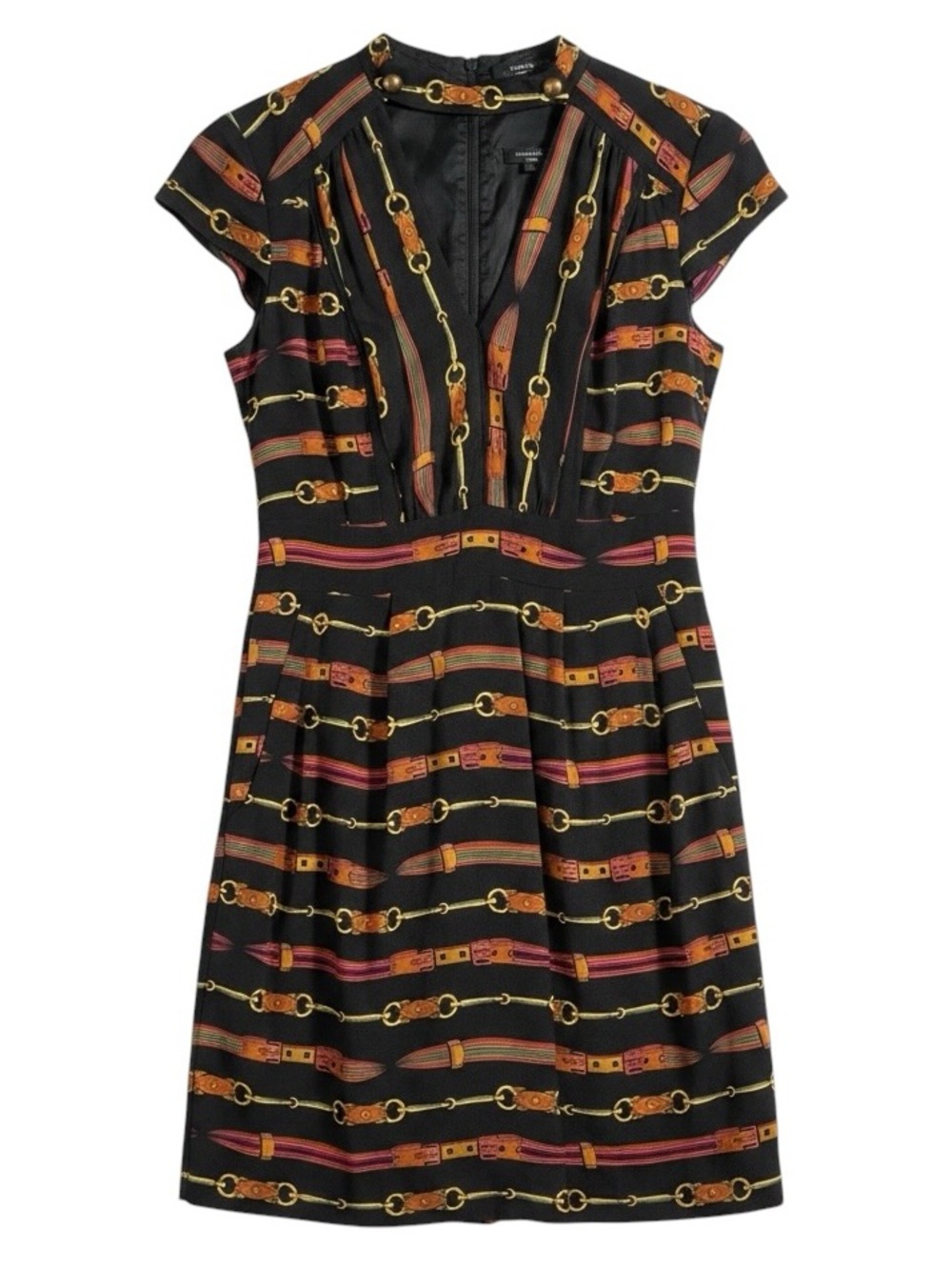 Vintage Nanette Lepore Dress Black Belt Chain Print Cap Sleeve Fit Flare Size 2